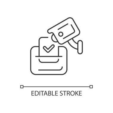 Video seçim gözlem doğrusal simgesi. Oy kullanma merkezleri denetleniyor. Seçim sahtekarlığını önleme. İnce çizgi özelleştirilebilir illüstrasyon. Contour sembolü. Vektör izole çizim. Düzenlenebilir vuruş
