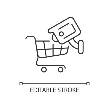 Güvenlik kamerası çizgisel ikonu olan müşterilerin izini sürüyorum. Çalışanları soygun saldırılarına karşı korumak. İnce çizgi özelleştirilebilir illüstrasyon. Contour sembolü. Vektör izole çizim. Düzenlenebilir vuruş