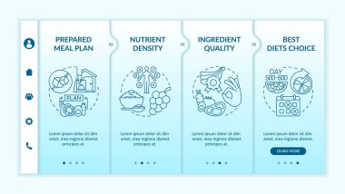 Diyabetikler için yemek hazırlama şablonu. Simgeli ilgili mobil web sitesi. Web sayfasında 5 basamaklı ekranlar. Doğrusal çizimlerle besin yoğunluğu renk kavramı