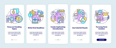 Taşınabilir uygulama sayfa ekranında viral içerik oluşturma ipuçları. Moda konuları kavramlarla birlikte 5 aşamalı grafik talimatları gezer. UI, UX, doğrusal renk çizimleri olan GUI vektör şablonu