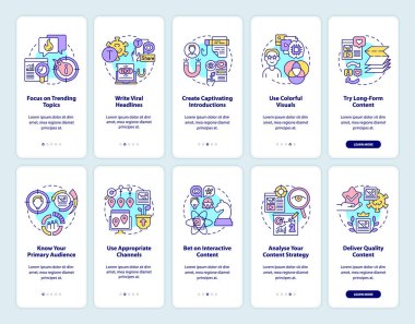 İçerik viral mobil uygulama sayfası ekranları ayarlanıyor. Pazarlama kampanyası konseptlerle birlikte 5 aşamalı grafik talimatlar. UI, UX, doğrusal renk çizimleri olan GUI vektör şablonu