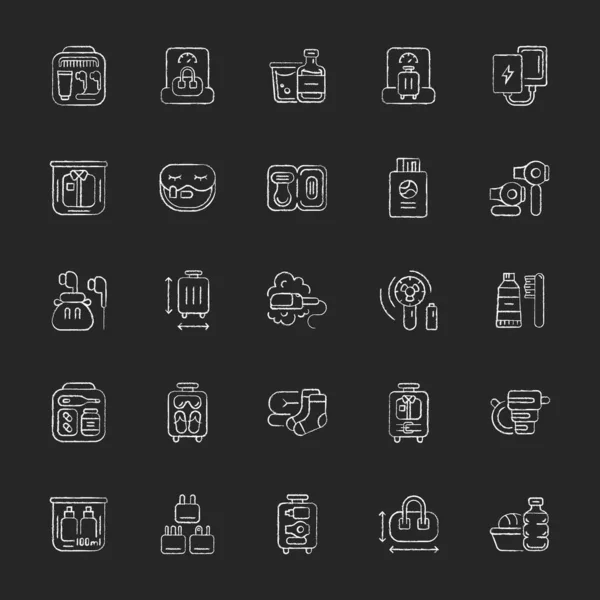 Travel Size Objects Chalk White Icons Set Dark Background Portable — 图库矢量图片