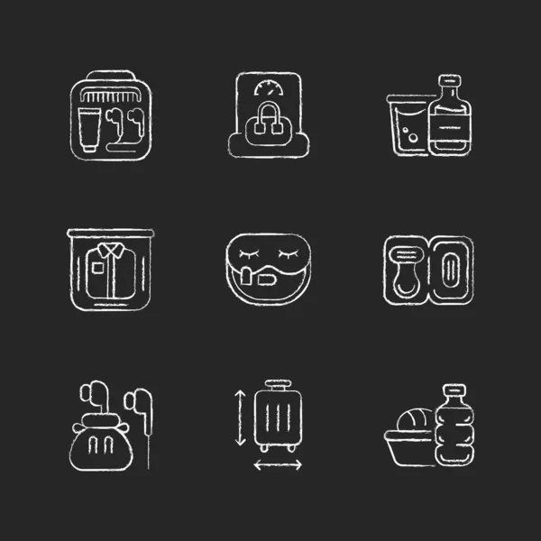 Essential Tourist Pack Travel Chalk White Icons Set Dark Background — Stock Vector