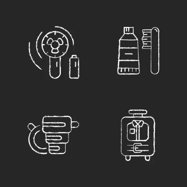 Things Travelling Tourist Suitcase Chalk White Icons Set Dark Background — 스톡 벡터