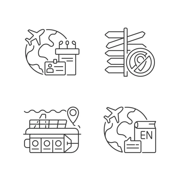 Categorías Conjunto Iconos Lineales Viaje Turismo Ratones Viaje Negocios Enseñanza — Vector de stock