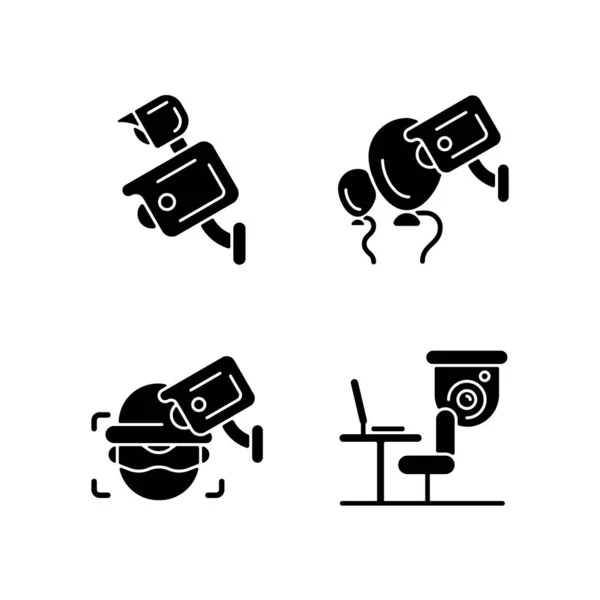 Surveillance Management Black Glyph Icons Set White Space Floodlight Camera — 스톡 벡터