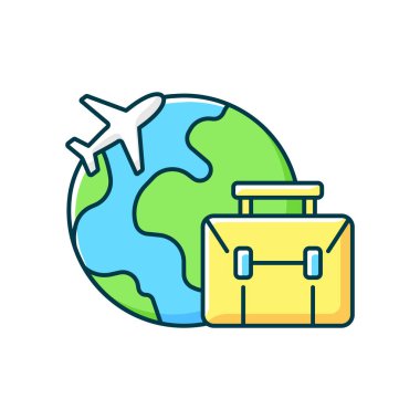 İş seyahati RGB renk simgesi. İş görüşmesi için yurt dışına uçun. Uluslararası yolculuk. Yabancı ülkelere şirket gezisi. İzole vektör çizimi. Turizm endüstrisi basit doldurulmuş çizgi çizimi