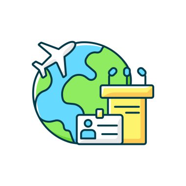 MICE turizm RGB renk simgesi. İş gezisi. Profesyonel toplantı için uluslararası uçuş. Konferans için küresel yolculuk. İzole vektör çizimi. Seyahat endüstrisi basit doldurulmuş çizgi çizimi