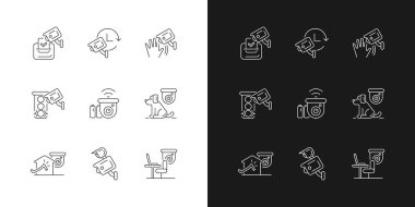 Güvenlik kamerası, karanlık ve aydınlık mod için doğrusal simgeler kullanıyor. Seçim gözlemi. Hareket algılama. Özelleştirilebilir ince çizgi sembolleri. İzole vektör çizimi çizimleri. Düzenlenebilir vuruş