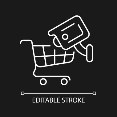 Karanlık tema için beyaz renkli fotoğraf makinesi olan müşterilerin izini sürüyorum. Soygun saldırılarına karşı koruma. İnce çizgi özelleştirilebilir illüstrasyon. Gece modu için izole vektör kontur sembolü. Düzenlenebilir vuruş