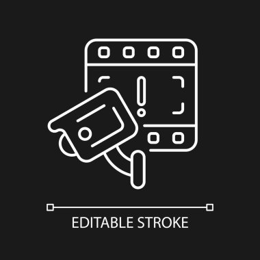 Karanlık tema için beyaz doğrusal ikonu araştırmak için CCTV kamera nimetleri. Suçları tespit etmek. İnce çizgi özelleştirilebilir illüstrasyon. Gece modu için izole vektör kontur sembolü. Düzenlenebilir vuruş