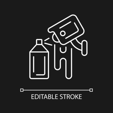 Koyu tema için güvenlik kamerası beyaz doğrusal ikonu ile grafiti hasarından kaçınıyorum. Emlak güvenliği. İnce çizgi özelleştirilebilir illüstrasyon. Gece modu için izole vektör kontur sembolü. Düzenlenebilir vuruş