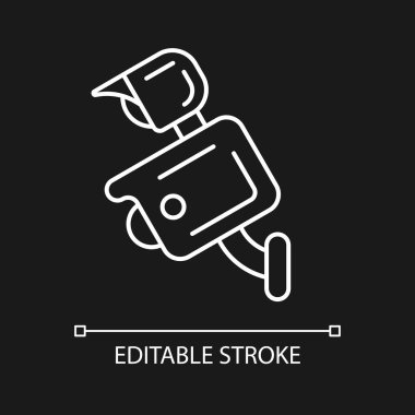 Karanlık tema için projektör kamerası beyaz doğrusal simgesi. Davetsiz misafirleri korkutup kaçırmak. Işık kontrolü. İnce çizgi özelleştirilebilir illüstrasyon. Gece modu için izole vektör kontur sembolü. Düzenlenebilir vuruş