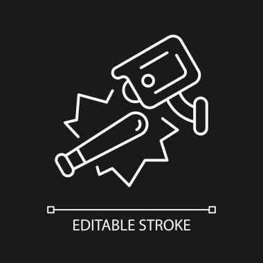 Karanlık tema için beyaz doğrusal görüntü ikonu ile halkın güvenliği. Vandalizm riskini azaltıyorum. İnce çizgi özelleştirilebilir illüstrasyon. Gece modu için izole vektör kontur sembolü. Düzenlenebilir vuruş