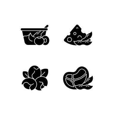 Soya içeriği siyah kabartma sembolleri beyaz alana dizilmiş. Vejetaryen yüksek beslenme gıdaları hazırlığı. Yemekte organik sebzeler. Soya fasulyesi pişirme seçeneği. Siluet sembolleri. Vektör izole illüstrasyonu