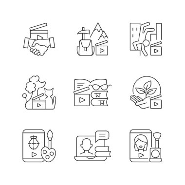 Video içeriği doğrusal simgeleri ayarlandı. İş 'ten iş servisine. Eğlence içeriği. Eğitim dersleri için. Özelleştirilebilir ince çizgi şekilleri. İzole vektör çizimi çizimleri. Düzenlenebilir vuruş