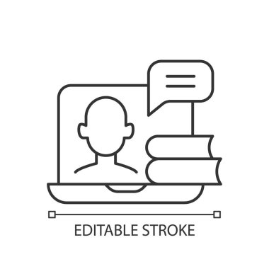Doğrusal simge giyer. Çevrimiçi eğitim dersleri dizüstü bilgisayarda yayınlanıyor. İnternet kursu izliyordum. İnce çizgi özelleştirilebilir illüstrasyon. Contour sembolü. Vektör izole çizim. Düzenlenebilir vuruş