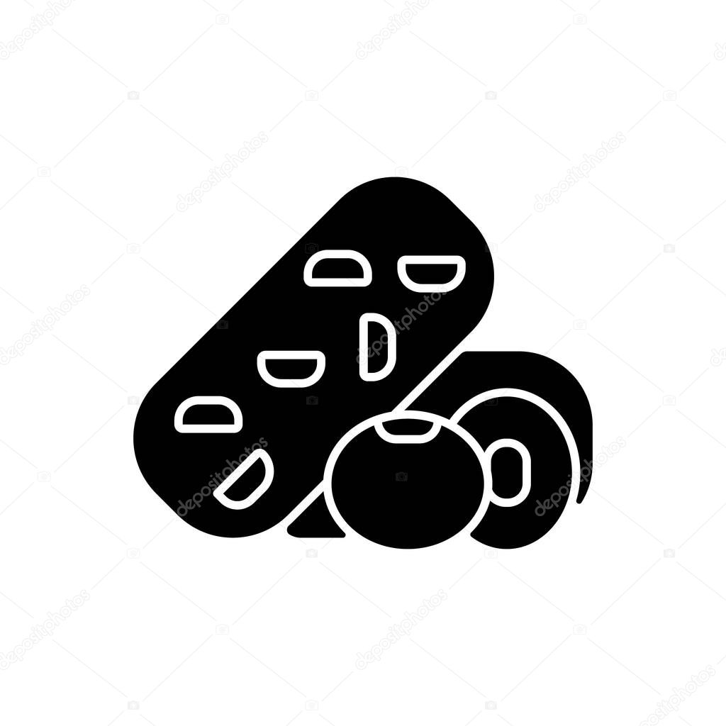 Tempeh black glyph icon. Soy beans preparing options. Vegeterian meals cooking. Natural meals from vegetables. Healthy nutrition diet. Silhouette symbol on white space. Vector isolated illustration