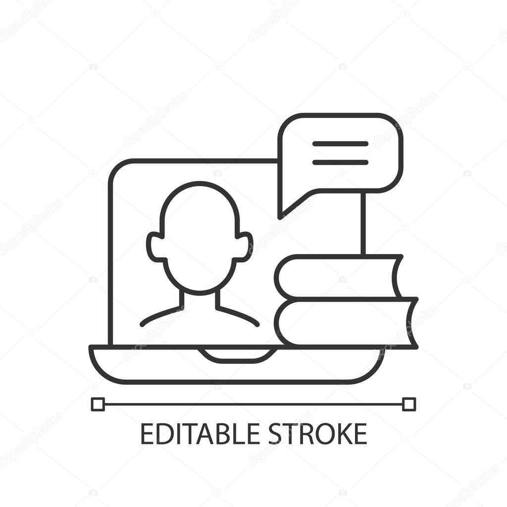 Webinars linear icon. Online educational classes streaming on laptop. Watching internet course. Thin line customizable illustration. Contour symbol. Vector isolated outline drawing. Editable stroke