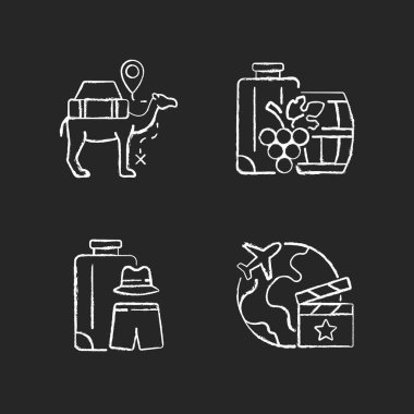 Koyu arkaplanda beyaz tebeşirle çizilmiş yurt dışına seyahat edin. Deve kervanı. Hepsi erkek gezisi. Jeti hazırlayın, yurt dışında arama yapın. Turizm endüstrisi. Siyah üzerine izole vektör karatahta çizimleri