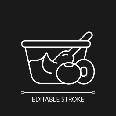 Koyu tema için Miso beyaz doğrusal simge. Doğal olarak soyadan macun yaptı. Popüler vejetaryen atıştırmalıkları. İnce çizgi özelleştirilebilir illüstrasyon. Gece modu için izole vektör kontur sembolü. Düzenlenebilir vuruş