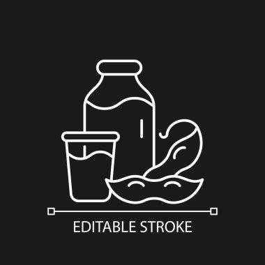 Koyu renk tema için soya sütlü doğrusal simge. Bitki bazlı süt. Fasulye öğütüyorum. Vejetaryen içkileri. İnce çizgi özelleştirilebilir illüstrasyon. Gece modu için izole vektör kontur sembolü. Düzenlenebilir vuruş