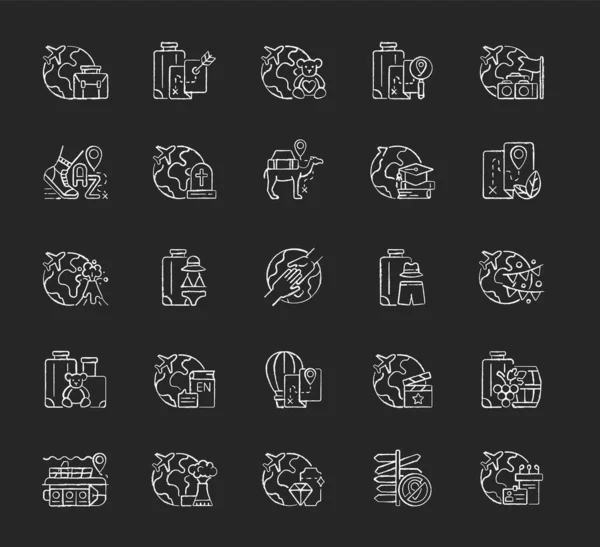 Típusú Utazási Kréta Fehér Ikonok Beállítva Sötét Háttérrel Nincs Úti — Stock Vector