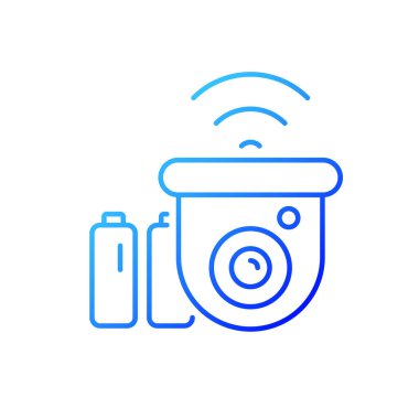 Kablosuz güvenlik kamerası gradyan doğrusal vektör simgesi. Kısıtlı ve kablosuz erişimi olmayan yerler için çözüm. İnce çizgi renkli semboller. Modern tarz pictogram. Vektör izole çizimi