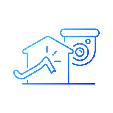 Mobese sistemi gradyan doğrusal vektör ikonu ile haneye tecavüzden kaçınılıyor. Hırsızlığı önleme. Ev soygunu. İnce çizgi renkli semboller. Modern tarz pictogram. Vektör izole çizimi