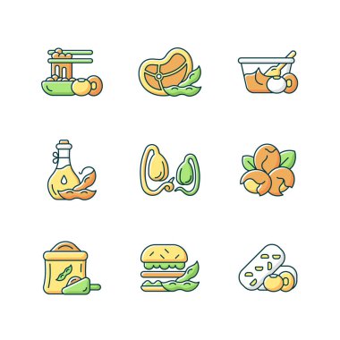 Soya bitkileri RGB renk simgeleri ayarlandı. İzole vektör çizimleri. Organik sebze yetiştiriyor. Sağlıklı yemekler hazırlanıyor. Vejetaryen yiyecekler besinleri doldurur basit çizgi çizimleri koleksiyonu
