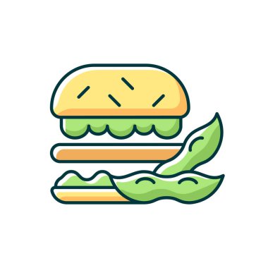Soya burger RGB renk ikonu. İzole vektör çizimi. Patty organik sebzelerden yapıldı. Vejetaryen tarzı popüler yiyecekler. Sağlıklı fasülye tabanlı yemekler, basit doldurulmuş çizgi çizimleri.