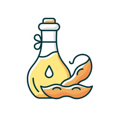 Soya yağı RGB renk ikonu. İzole vektör çizimi. Sebze bazlı malzemeler. Sağlıklı yemek hazırlığı. Salata yapmak için doğal sıvı. Vegan Gıda Basit doldurulmuş çizgi çizimi