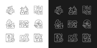 Karanlık ve aydınlık moduna göre video içeriği doğrusal simgeleri ayarlandı. İş 'ten iş servisine. Eğlence içeriği. Özelleştirilebilir ince çizgi sembolleri. İzole vektör çizimi çizimleri. Düzenlenebilir vuruş