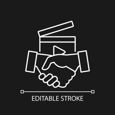 Business to Business videoları koyu tema için beyaz doğrusal simge. Film endüstrisinde B2B hizmeti. İnce çizgi özelleştirilebilir illüstrasyon. Gece modu için izole vektör kontur sembolü. Düzenlenebilir vuruş