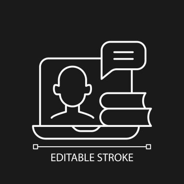 Karanlık tema için beyaz doğrusal simge giyer. Çevrimiçi eğitim dersleri dizüstü bilgisayarda yayınlanıyor. İnce çizgi özelleştirilebilir illüstrasyon. Gece modu için izole vektör kontur sembolü. Düzenlenebilir vuruş