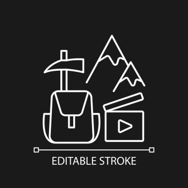Karanlık tema için seyahat videosu beyaz doğrusal simgesi. Gezgin blogu için çekim yapıyorum. İnce çizgi özelleştirilebilir illüstrasyon. Gece modu için izole vektör kontur sembolü. Düzenlenebilir vuruş