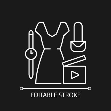 Koyu tema için beyaz moda video doğrusal simgesi. Kadın güzellik video bloğu. Kadın tarzı blog içeriği. İnce çizgi özelleştirilebilir illüstrasyon. Gece modu için izole vektör kontur sembolü. Düzenlenebilir vuruş