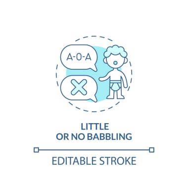 Küçük ve gevezelik eden bir kavram ikonu yok. Çocukların soyut fikirlerinde otizm işareti ince çizgi çizimi. Geç konuşan biri. Dil gelişimi gecikmeleri. Vektör izole edilmiş dış hat renk çizimi. Düzenlenebilir vuruş