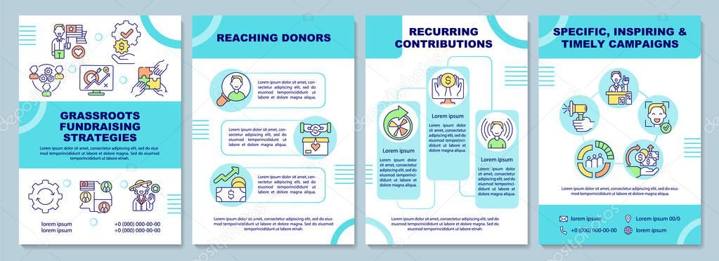 Grassroots fundraising strategies brochure template. Money collect. Flyer, booklet, leaflet print, cover design with linear icons. Vector layouts for presentation, annual reports, advertisement pages