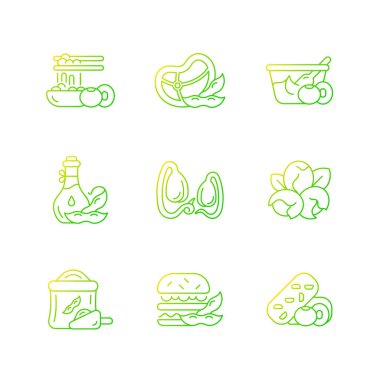 Soy plants gradient linear vector icons set. Growing organic vegetables. Vegeterian foods fill of nutritions. Thin line contour symbols bundle. Isolated vector outline illustrations collection