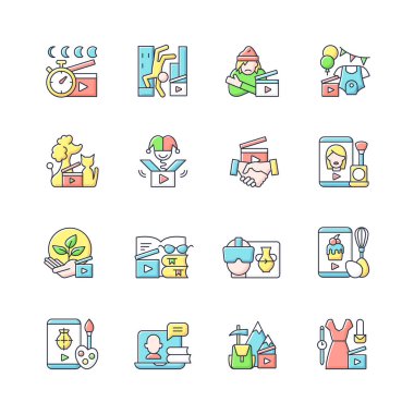 Videography RGB color icons set. Business footage. Online classes for education. Entertaining content. Isolated vector illustrations. Social media content simple filled line drawings collection