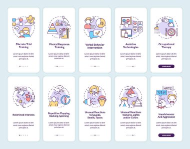 Autistic treatment methods onboarding mobile app page screens set. Autism symptoms walkthrough 5 steps graphic instructions with concepts. UI, UX, GUI vector template with linear color illustrations