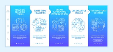 Popular content creation tips onboarding vector template. Responsive mobile website with icons. Web page walkthrough 5 step screens. Captivating introductions color concept with linear illustrations