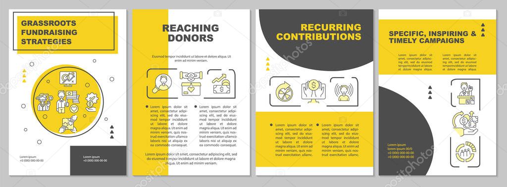 Grassroots fundraising strategies brochure template. Fund increase. Flyer, booklet, leaflet print, cover design with linear icons. Vector layouts for presentation, annual reports, advertisement pages