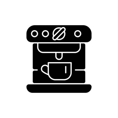 Espresso makinesi siyah kabartma simgesi. Kafe için ticari alet. Fincanlı profesyonel kahve makinesi. Barista aksesuarları. Beyaz uzayda siluet sembolü. Vektör izole illüstrasyonu