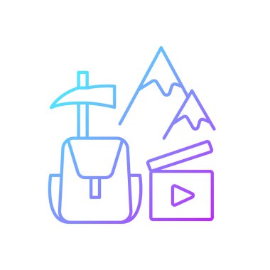 Seyahat videosu gradyan doğrusal vektör simgesi. Gezgin blogu için çekim yapıyorum. Film için macera kaydetmek. İnce çizgi renkli semboller. Modern tarz pictogram. Vektör izole çizimi