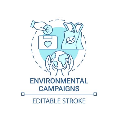Çevre kampanyaları konsept ikonu. Soyut fikirlerin incelenmesi için bağış topluyorum. Çevre dostu bağış toplama. İklim değişikliği hayır işi. Vektör izole edilmiş dış hat renk çizimi. Düzenlenebilir vuruş