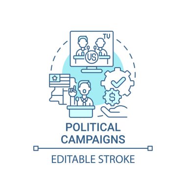 Siyasi kampanyalar bağış toplama konsepti ikonu. Soyut fikirlerin incelenmesi için bağış topluyorum. Özel ilgi grupları bağışı. Seçim finansmanı. Vektör izole edilmiş dış hat renk çizimi. Düzenlenebilir vuruş