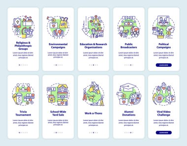 Mobil uygulama sayfasında hayırsever bağışları ayarlandı. Bağış toplama fikirleri, kavramlarla birlikte 5 aşamalı grafik talimatları inceliyor. UI, UX, doğrusal renk çizimleri olan GUI vektör şablonu