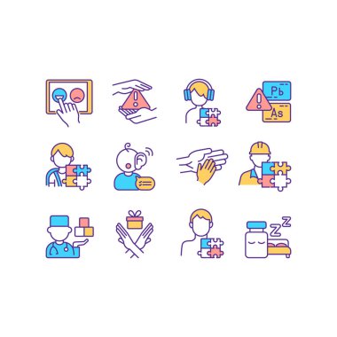 Nörogelişimsel bozukluklar RGB renk simgeleri ayarlandı. Otizm belirtileri. Çocuk konuşması gelişimi. İzole vektör çizimleri. Zihinsel gelişim gecikmeleri basit doldurulmuş çizgi çizimleri koleksiyonu